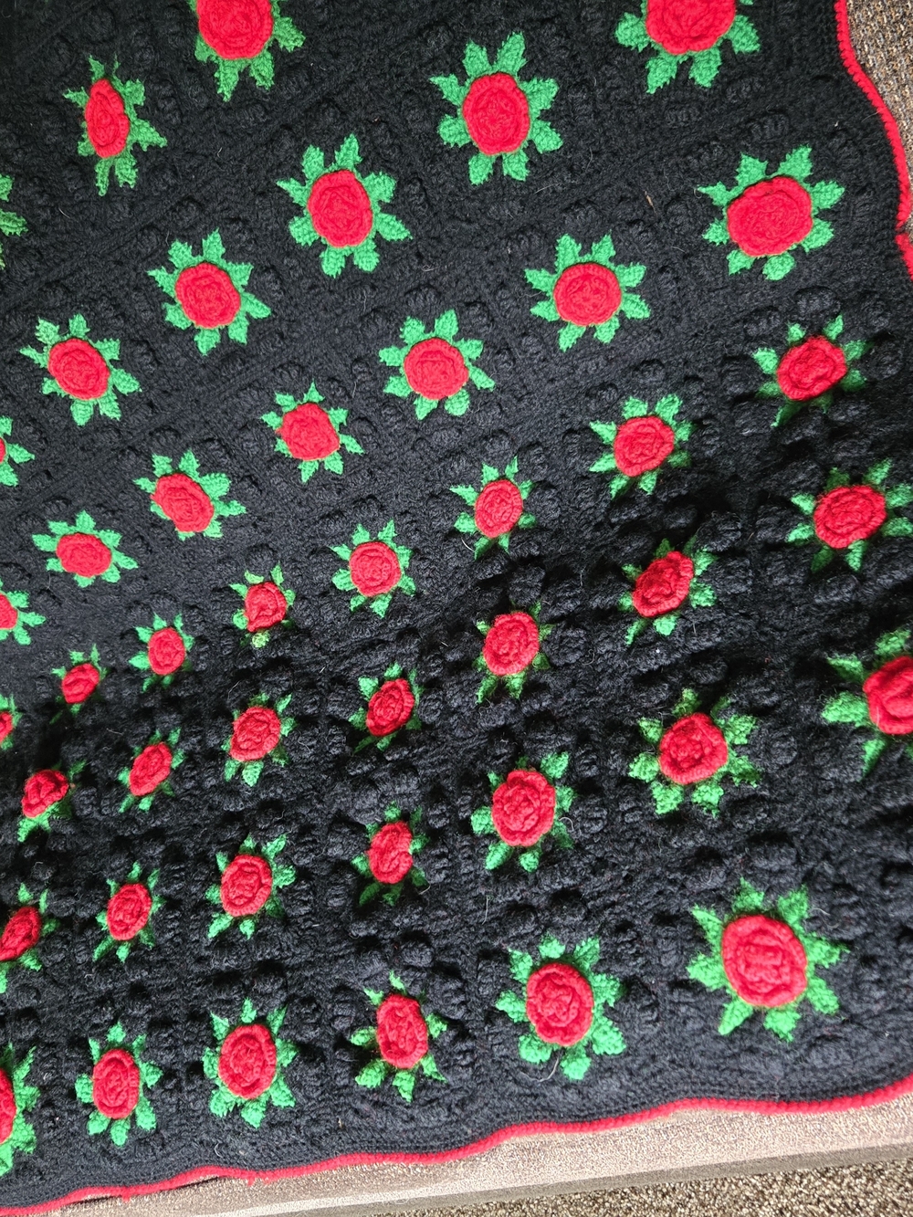Vintage Black Crochet Throw with Red Roses and Green Leaves